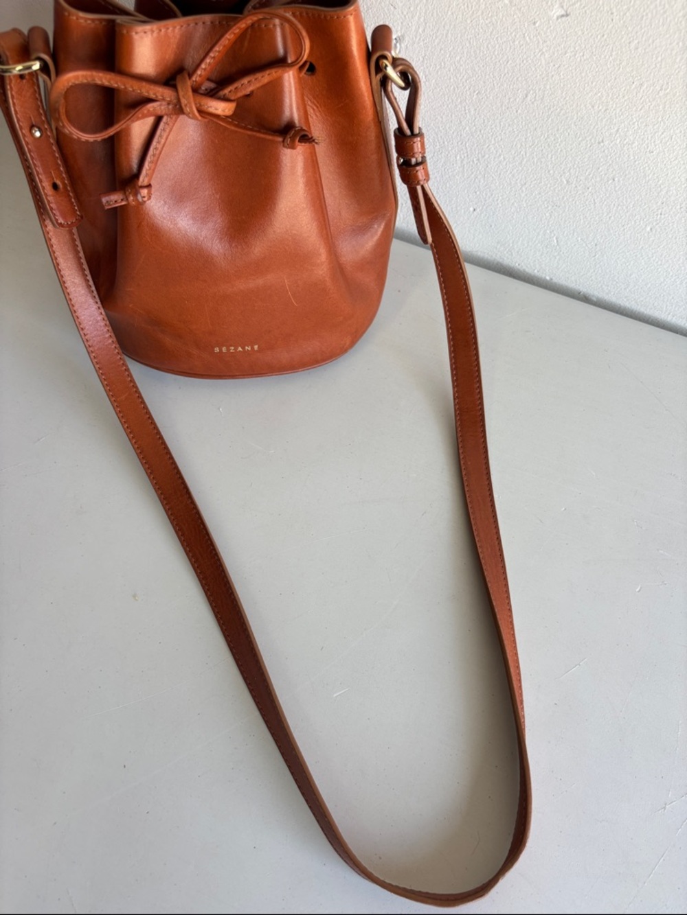 Sezane Farrow Mini Bag in Natural Heritage Leather Bucket Bag - Picture 11 of 12